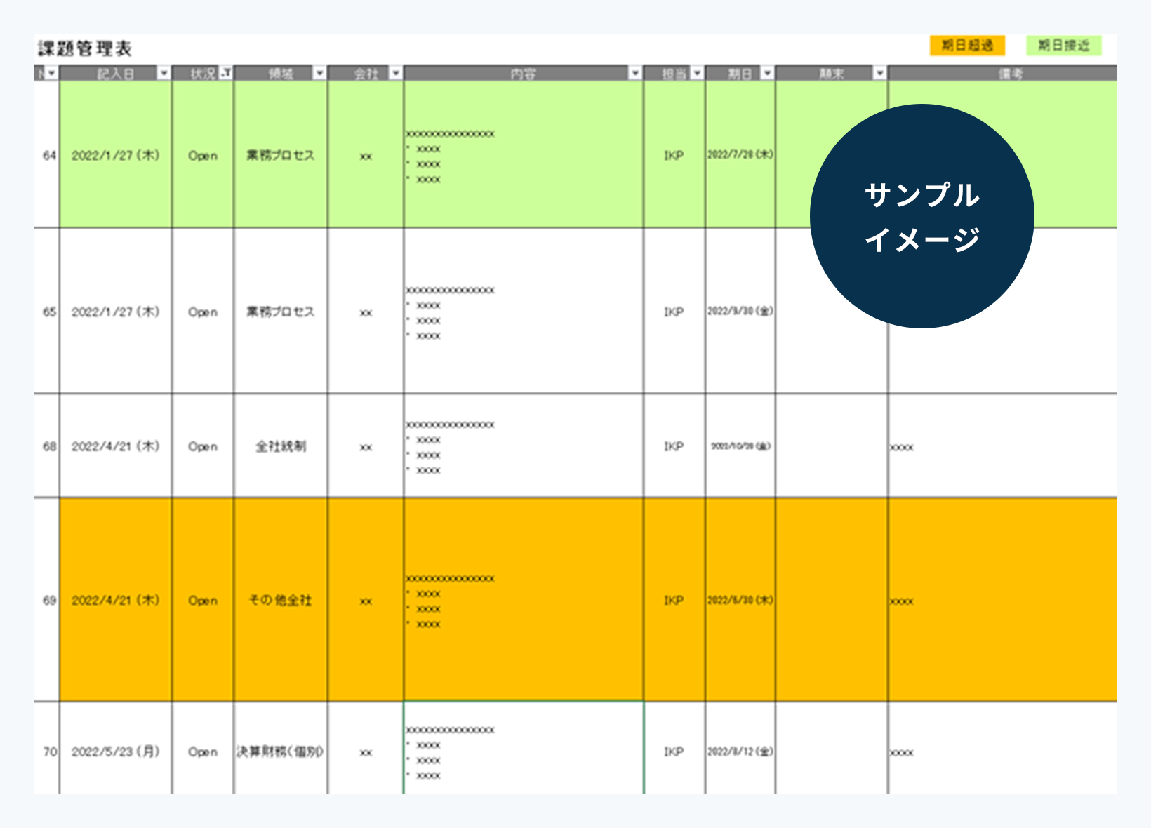 プロジェクト管理ツール：課題管理表